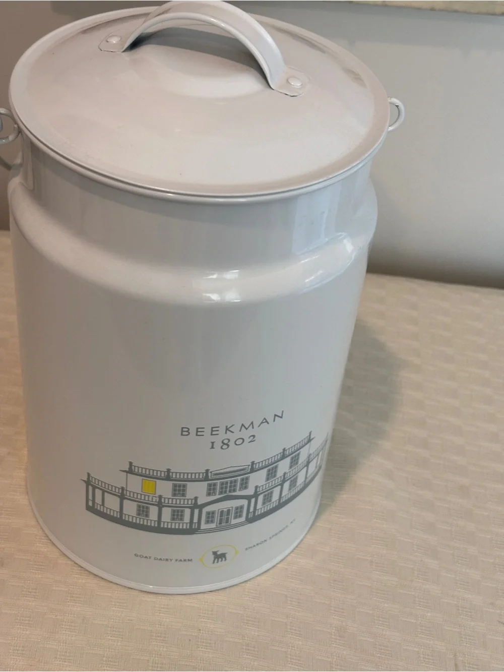 Beekman 1802 White Metal Kitchen Canister with Farmhouse Graphic